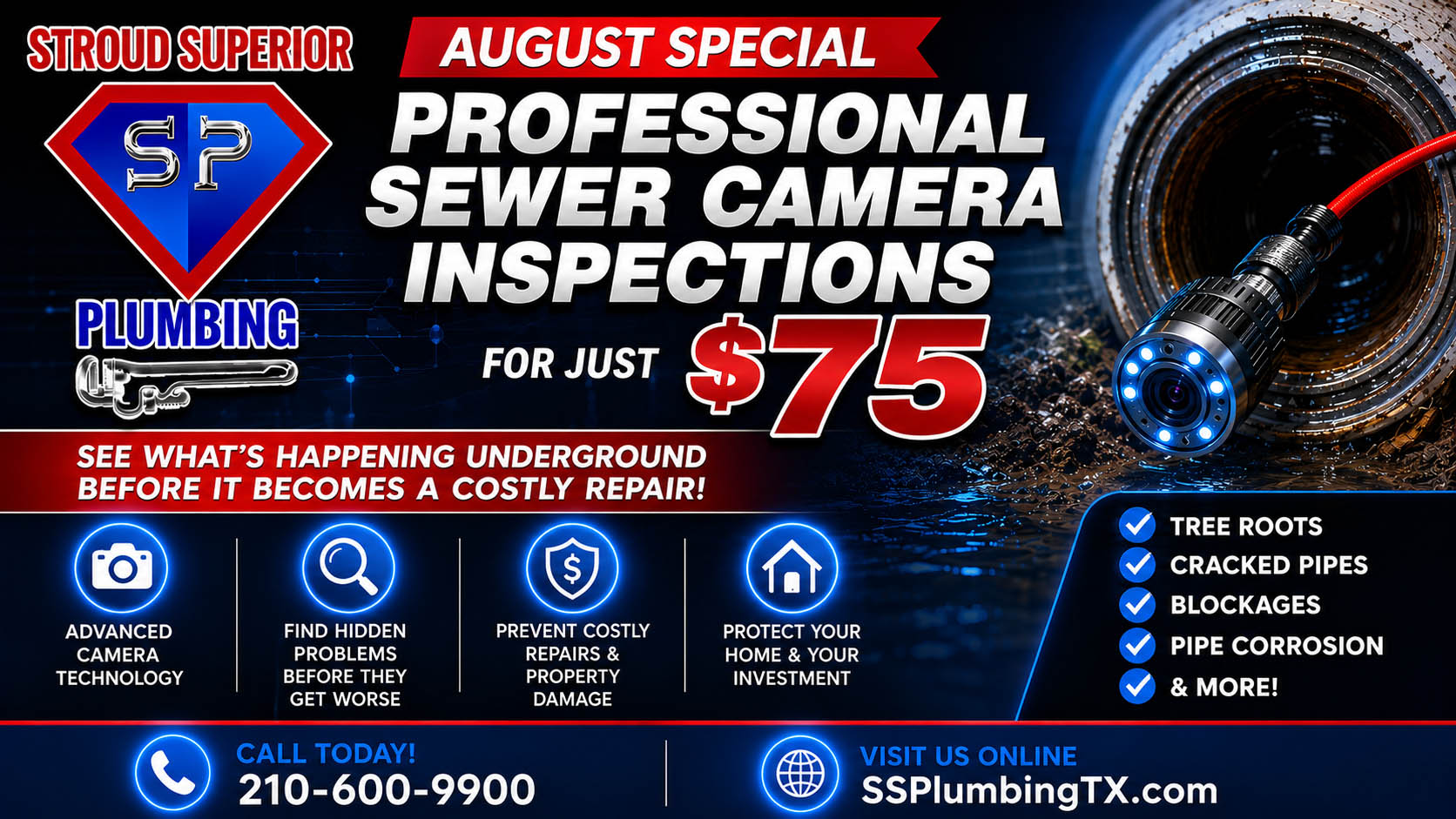 August Special $75 Sewer Camera Inspections